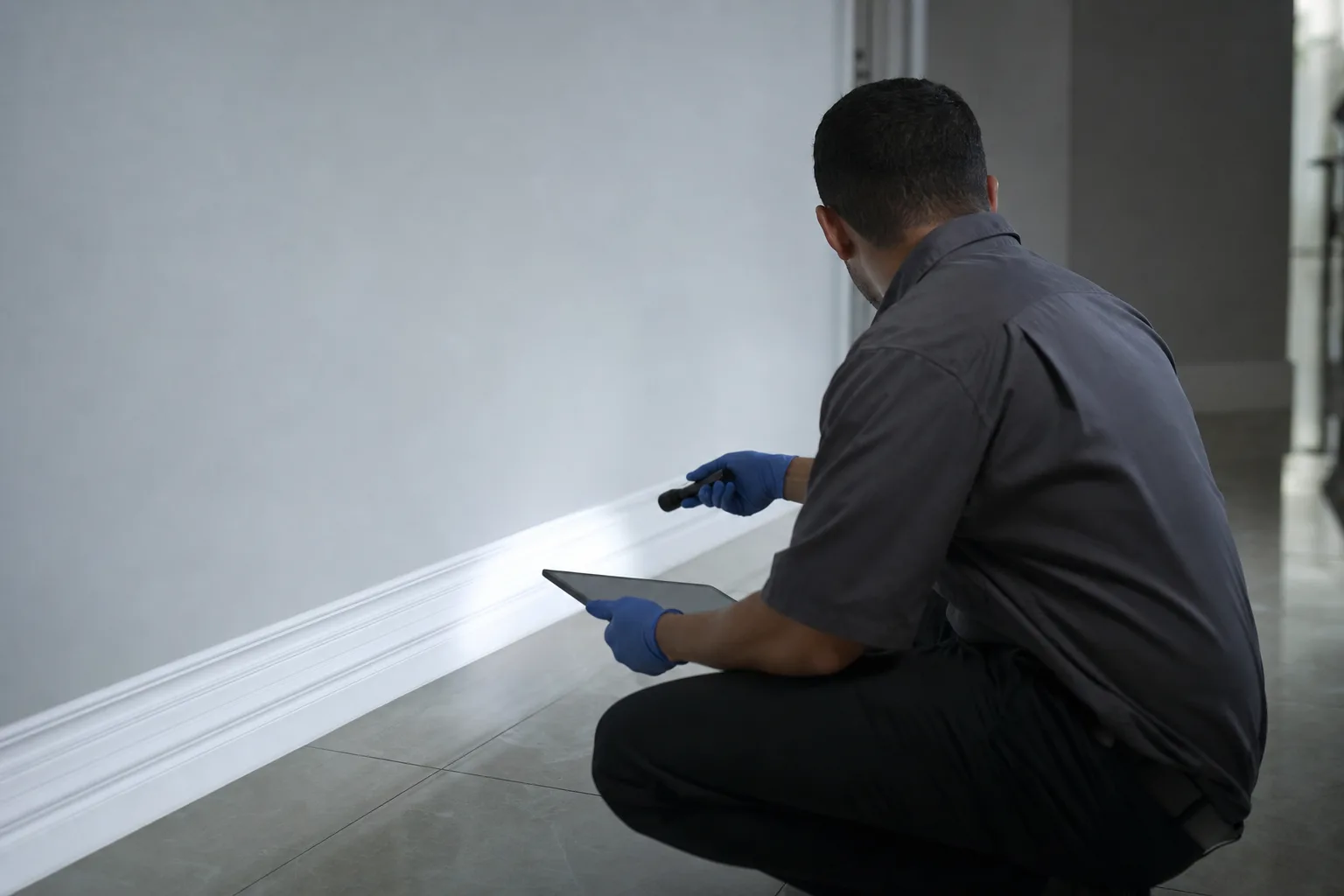 Técnico de Exterminadores PR inspeccionando el zócalo de una sala con linterna y tableta de documentación